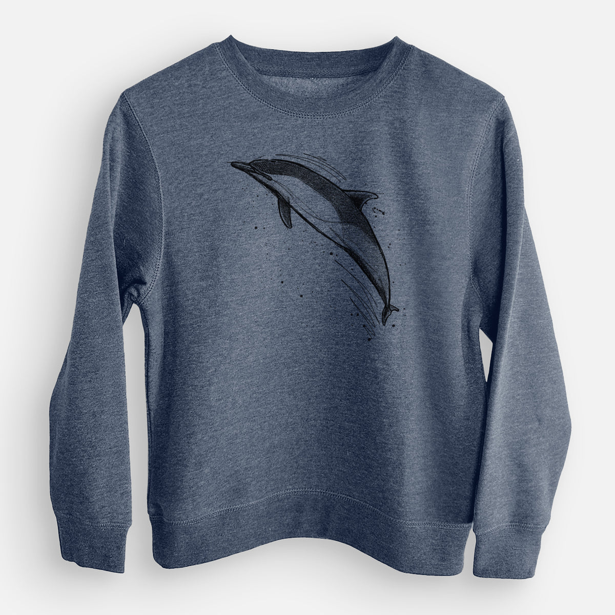 Storm blue youth crewneck sweatshirt laid flat, printed with a black ink illustration of a common dolphin leaping, with ink splatters.