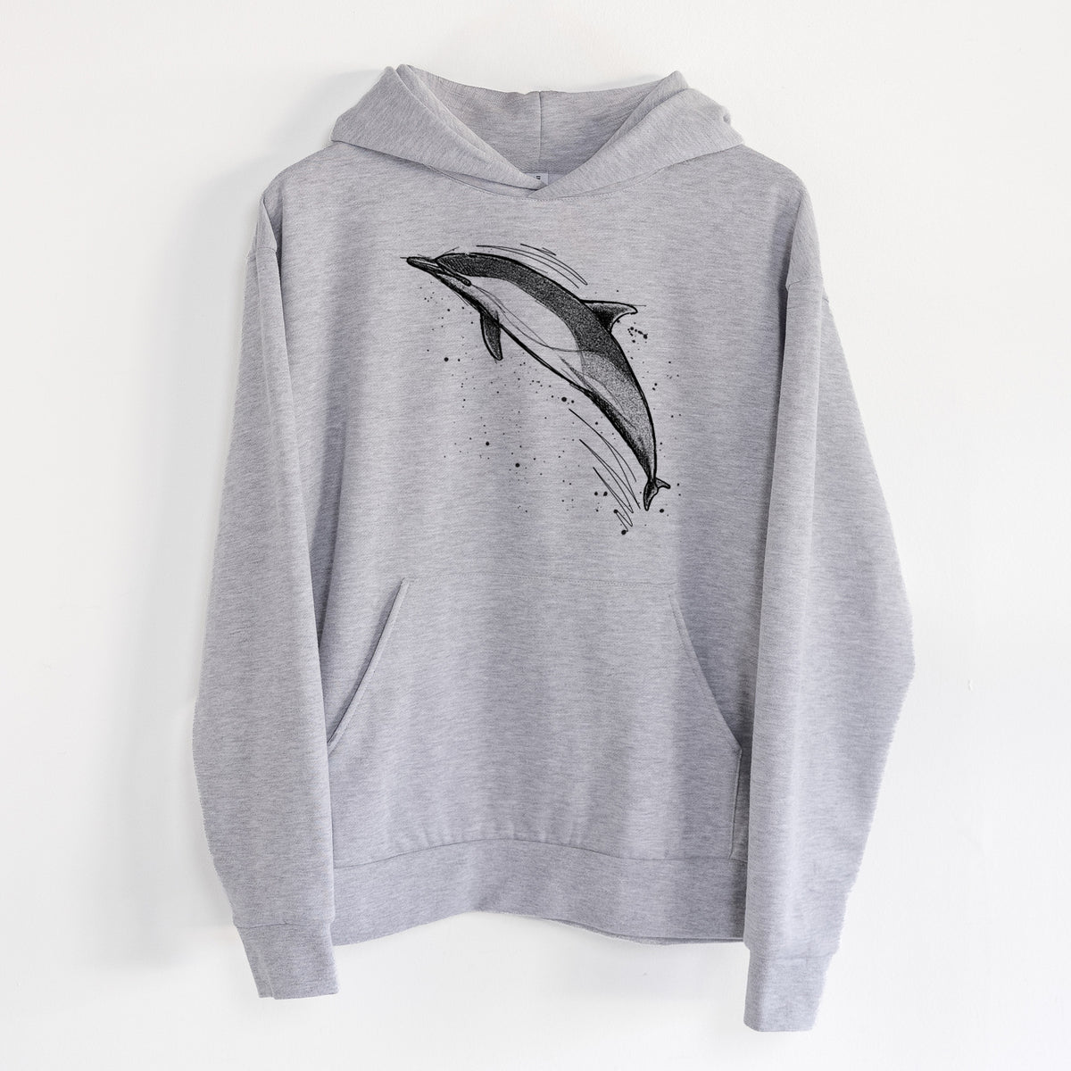 Short-Beaked Common Dolphin - Delphinus delphis - Statement Midweight Hoodie in Heather Grey, hanging on a white wall, with a front kangaroo pocket and no drawcords.