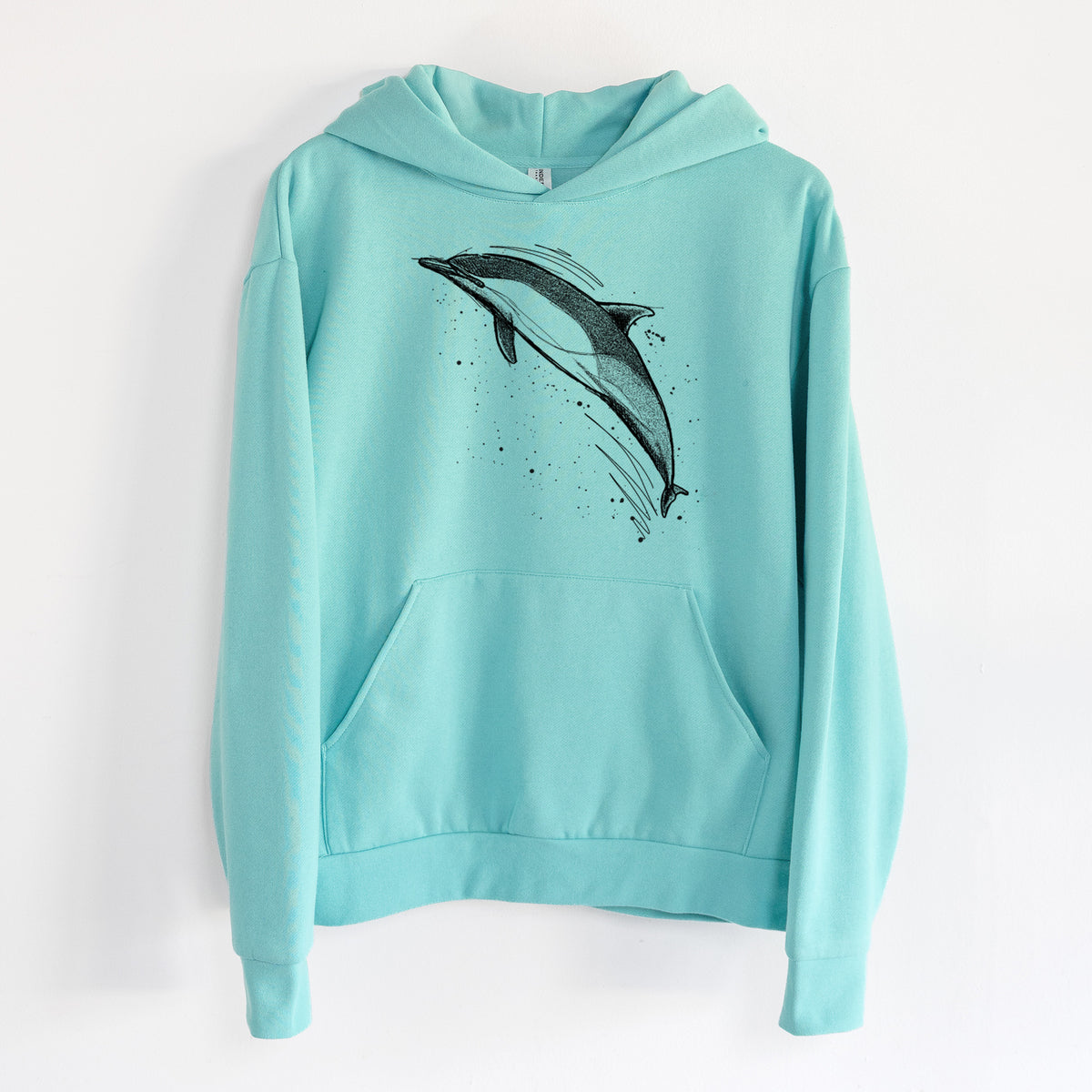Short-Beaked Common Dolphin - Delphinus delphis - Statement Midweight Hoodie in Seafoam, hanging on a white wall, with a front kangaroo pocket and no drawcords.