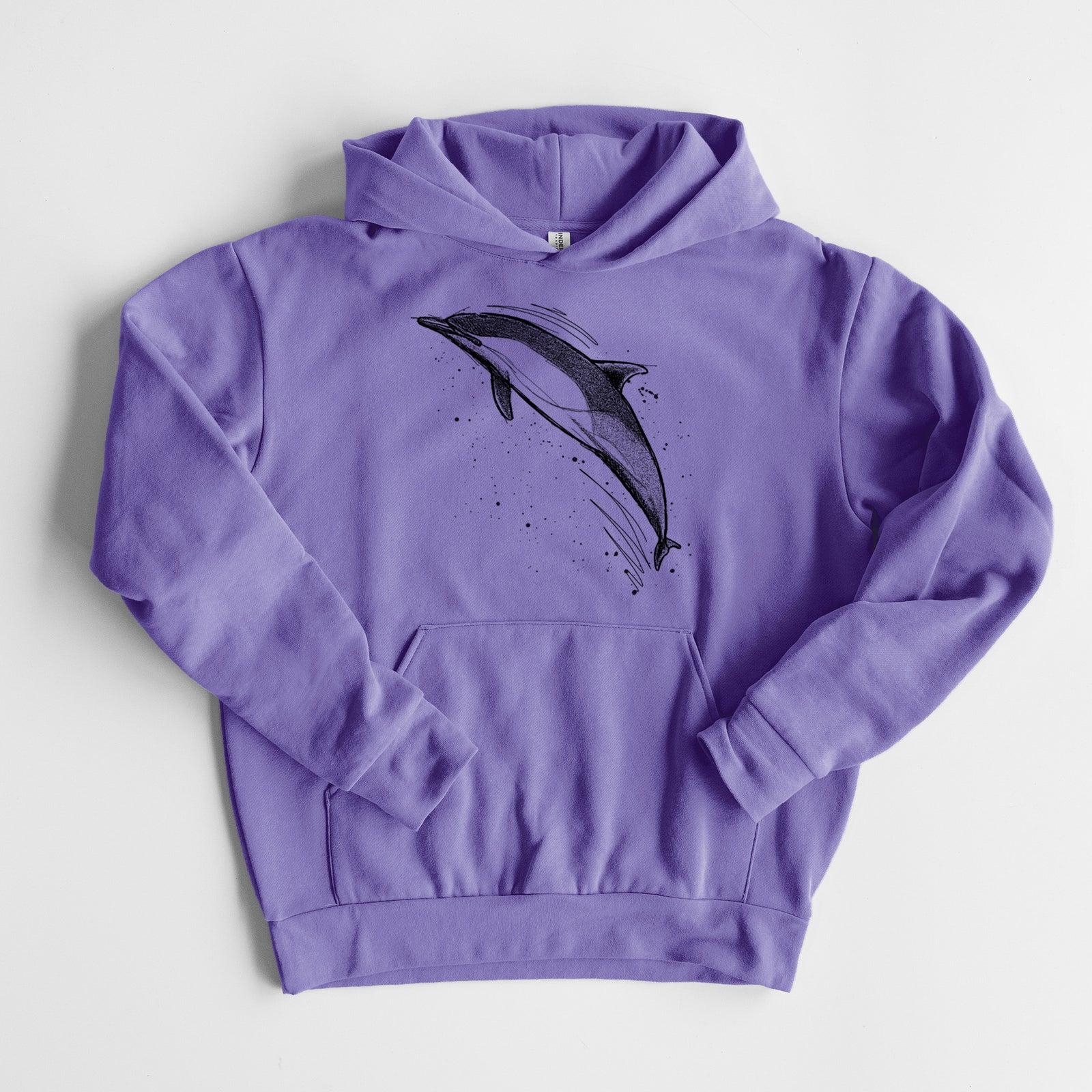 Short-Beaked Common Dolphin - Delphinus delphis - Statement Midweight Hoodie in Violet, laid flat, showing the oversized boxy fit and front kangaroo pocket.