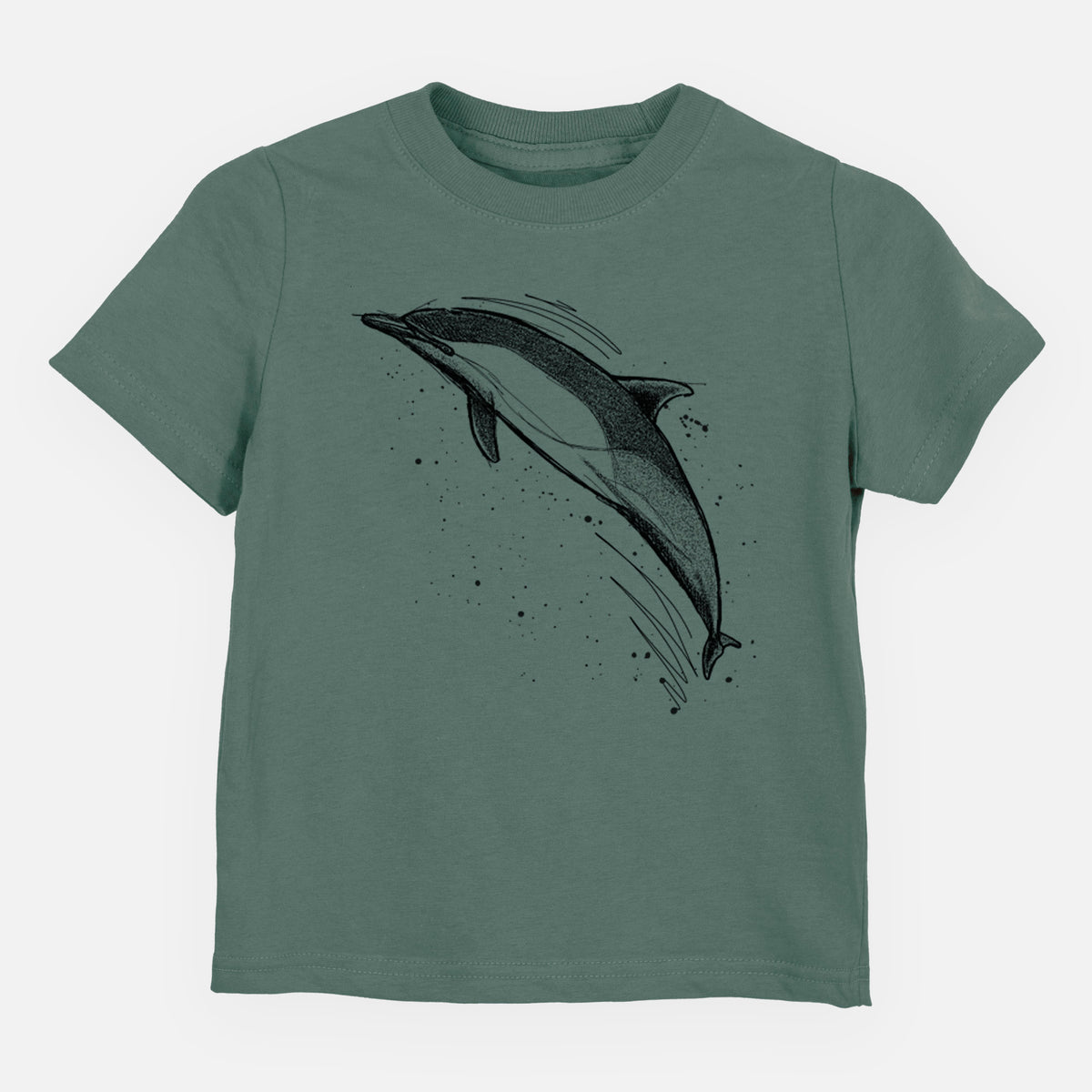 Basil green toddler t-shirt laid flat, printed with a black ink illustration of a common dolphin leaping, with ink splatters.