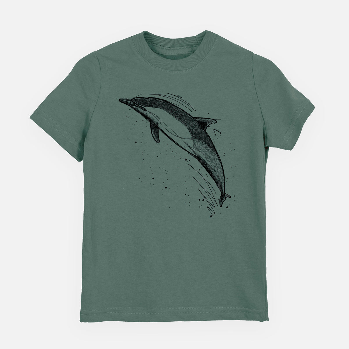 Basil green youth t-shirt laid flat, printed with a black ink illustration of a common dolphin leaping, with ink splatters.