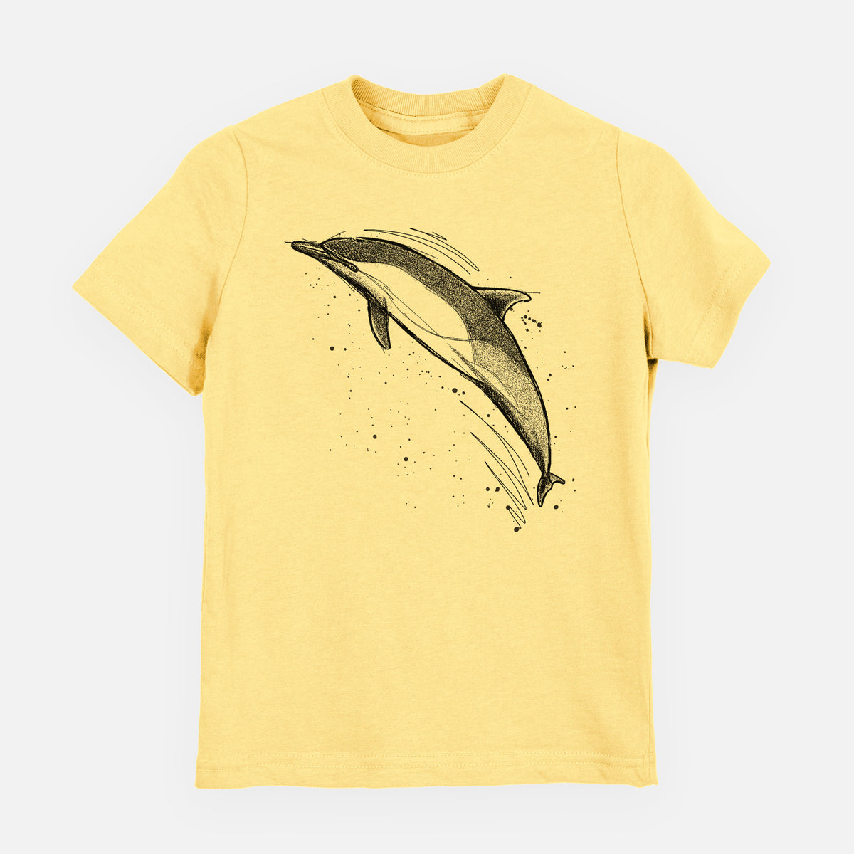 Butter yellow youth t-shirt laid flat, printed with a black ink illustration of a common dolphin leaping, with ink splatters.