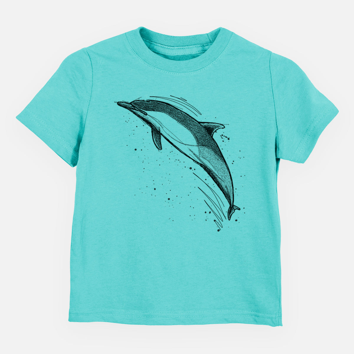 Caribbean blue toddler t-shirt laid flat, printed with a black ink illustration of a common dolphin leaping, with ink splatters.