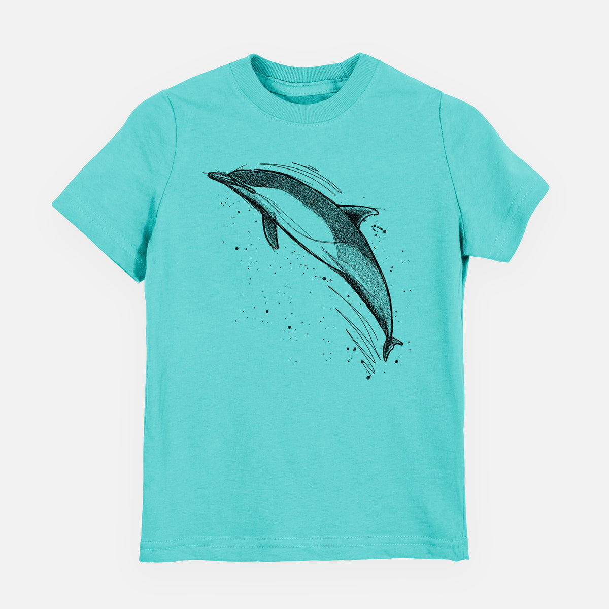 Caribbean blue youth t-shirt laid flat, printed with a black ink illustration of a common dolphin leaping, with ink splatters.