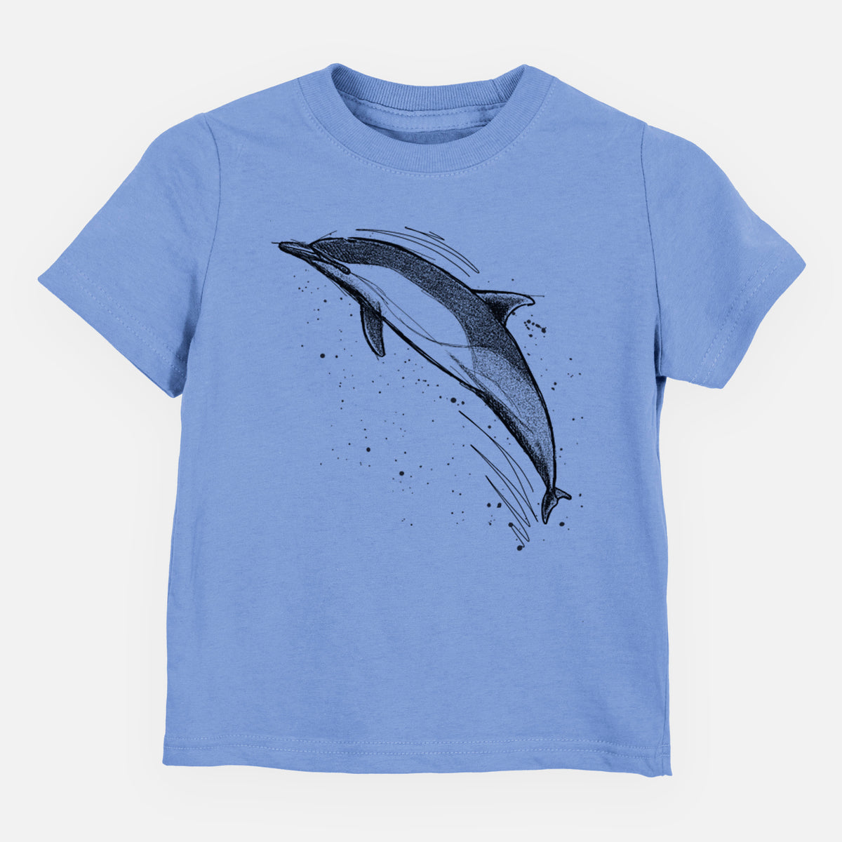 Carolina blue toddler t-shirt laid flat, printed with a black ink illustration of a common dolphin leaping, with ink splatters.