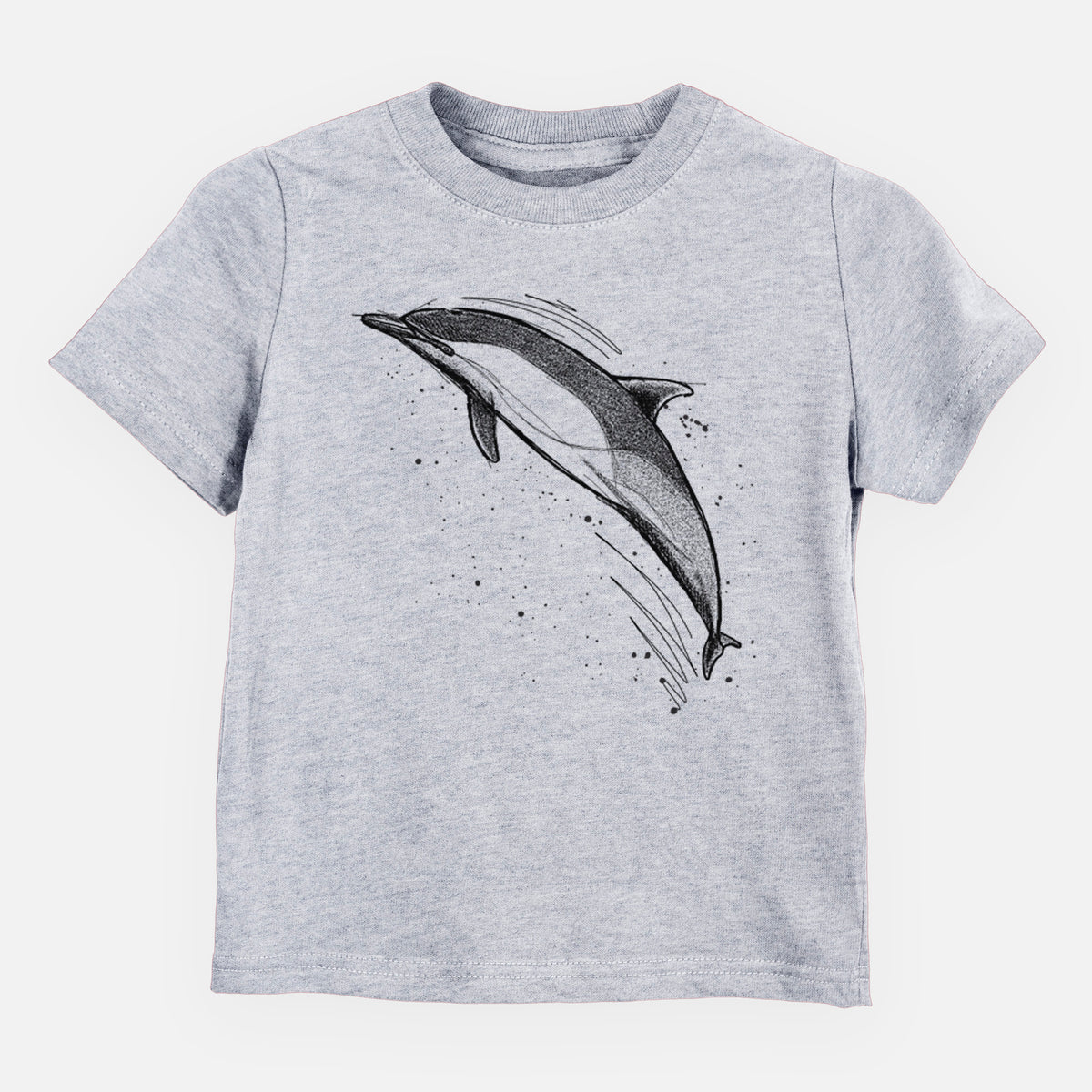 Heather grey toddler t-shirt laid flat, printed with a black ink illustration of a common dolphin leaping, with ink splatters.
