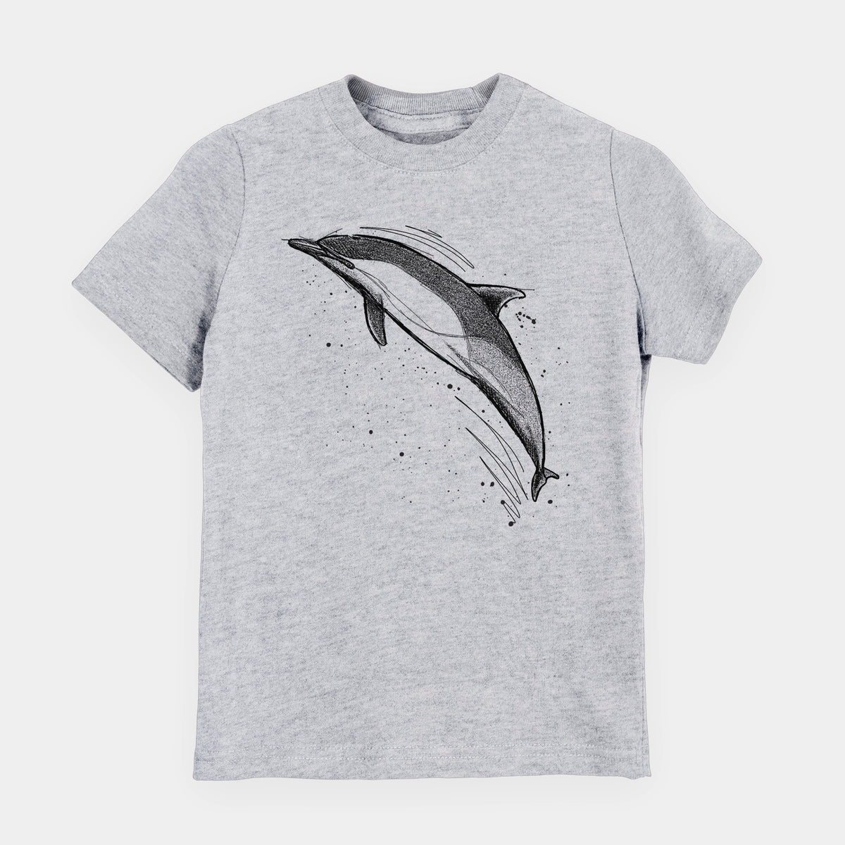 Heather grey youth t-shirt laid flat, printed with a black ink illustration of a common dolphin leaping, with ink splatters.