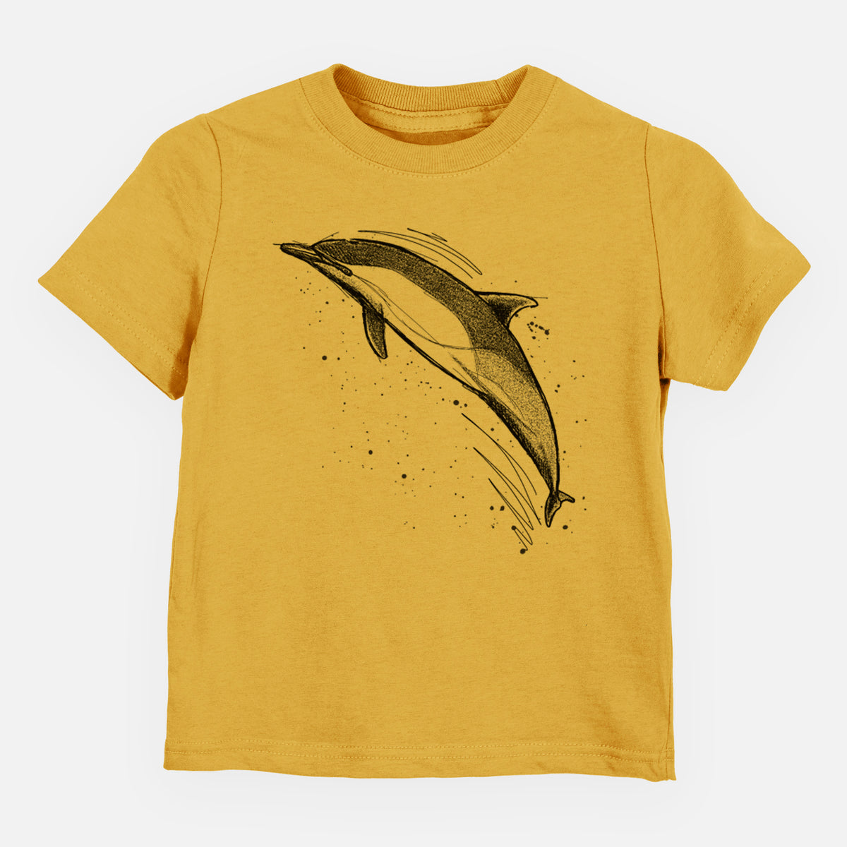 Honeycomb yellow toddler t-shirt laid flat, printed with a black ink illustration of a common dolphin leaping, with ink splatters.