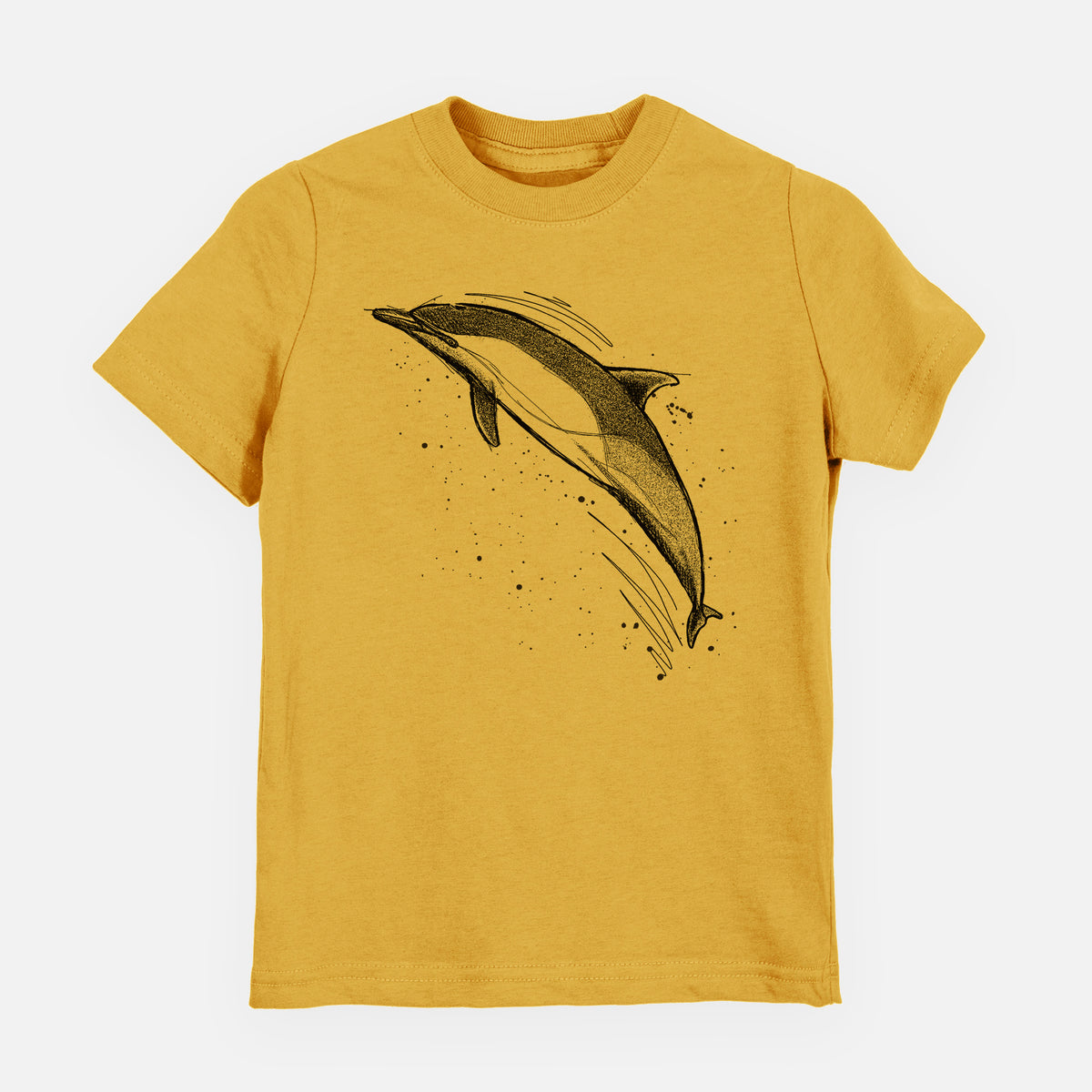 Honeycomb yellow youth t-shirt laid flat, printed with a black ink illustration of a common dolphin leaping, with ink splatters.