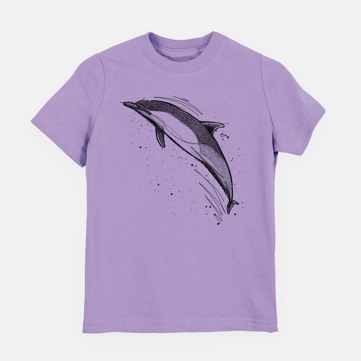 Lavender youth t-shirt laid flat, printed with a black ink illustration of a common dolphin leaping, with ink splatters.