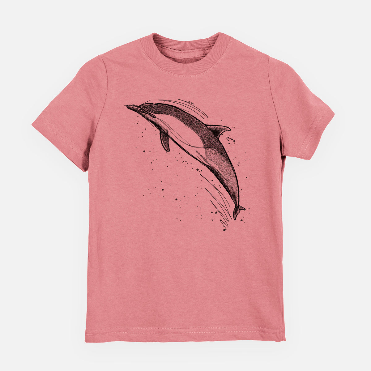 Mauve pink youth t-shirt laid flat, printed with a black ink illustration of a common dolphin leaping, with ink splatters.