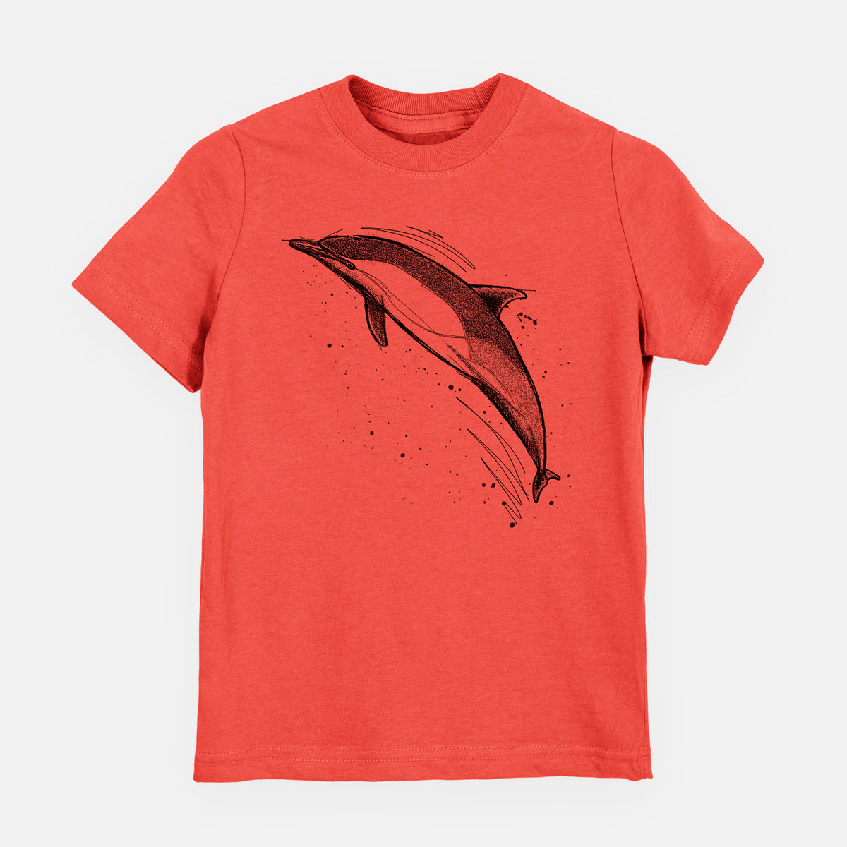 Passionfruit pink youth t-shirt laid flat, printed with a black ink illustration of a common dolphin leaping, with ink splatters.