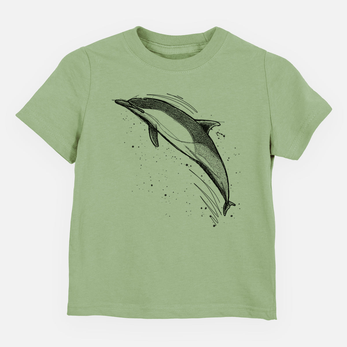 Sage green toddler t-shirt laid flat, printed with a black ink illustration of a common dolphin leaping, with ink splatters.