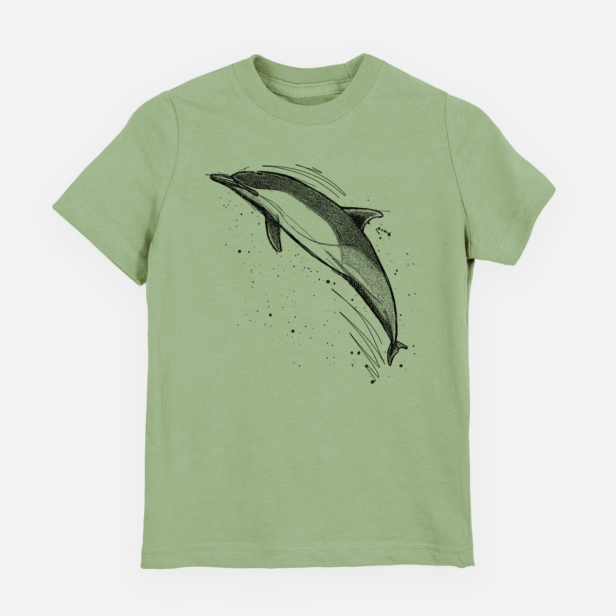 Sage green youth t-shirt laid flat, printed with a black ink illustration of a common dolphin leaping, with ink splatters.