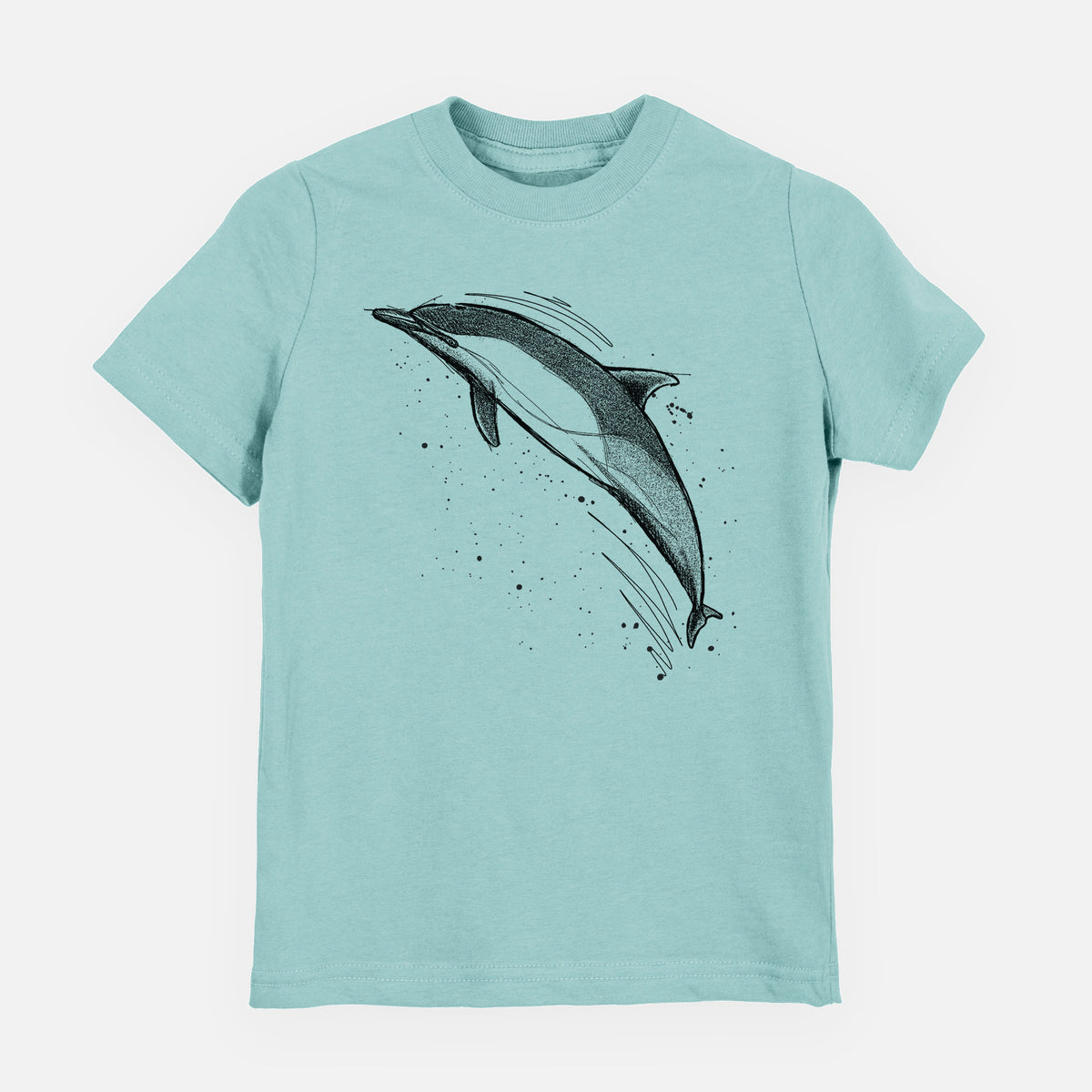 Saltwater youth t-shirt laid flat, printed with a black ink illustration of a common dolphin leaping, with ink splatters.