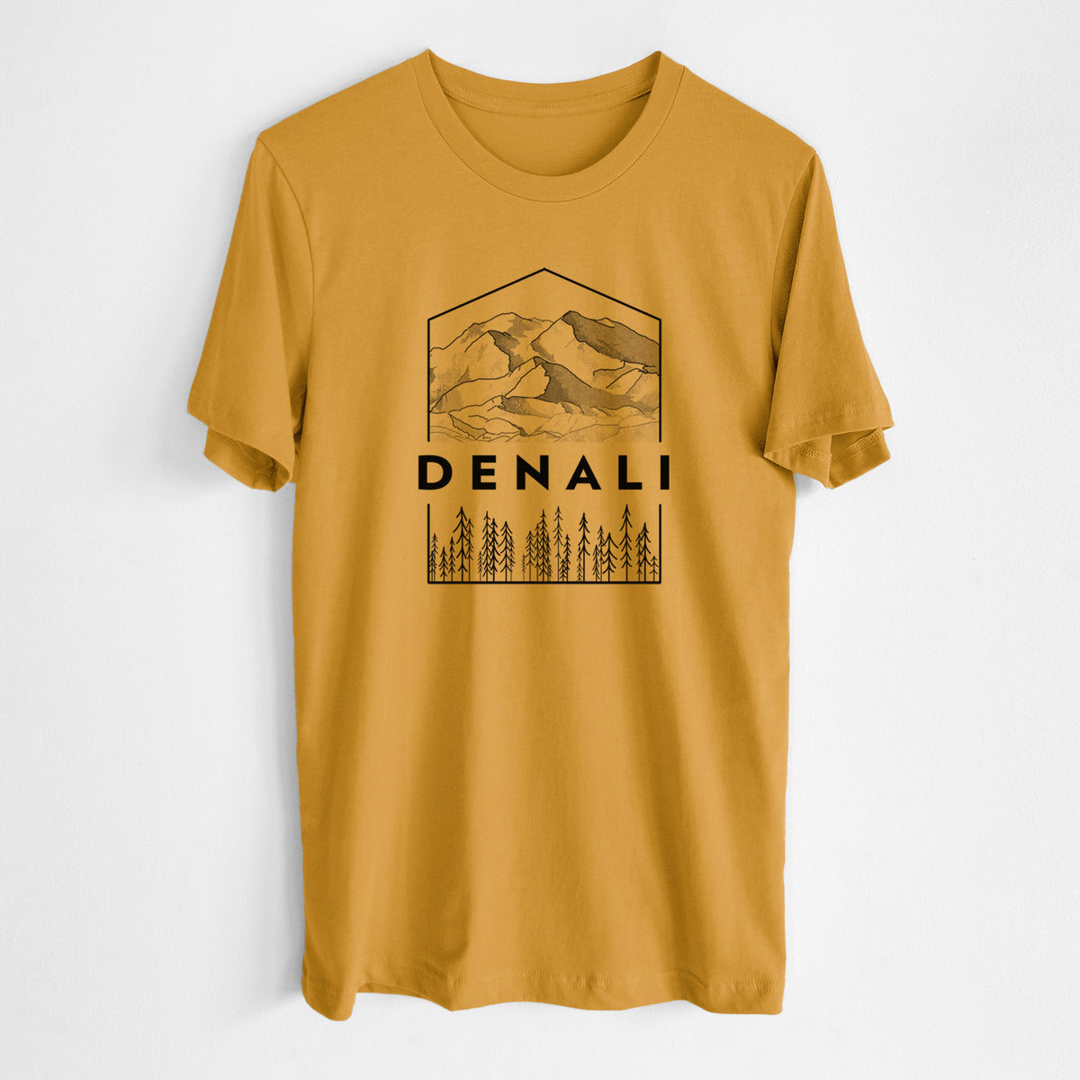 Honeycomb yellow lightweight cotton t-shirt laid flat, printed with a black line art badge of the Denali mountain range above pine trees, with the word Denali.