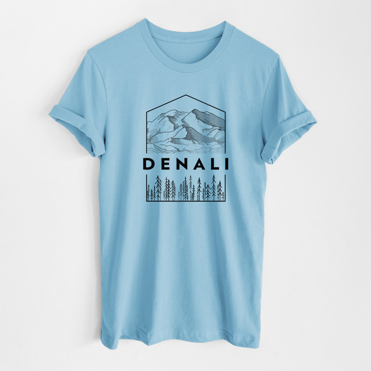 Ocean blue lightweight cotton t-shirt laid flat, printed with a black line art badge of the Denali mountain range above pine trees, with the word Denali.