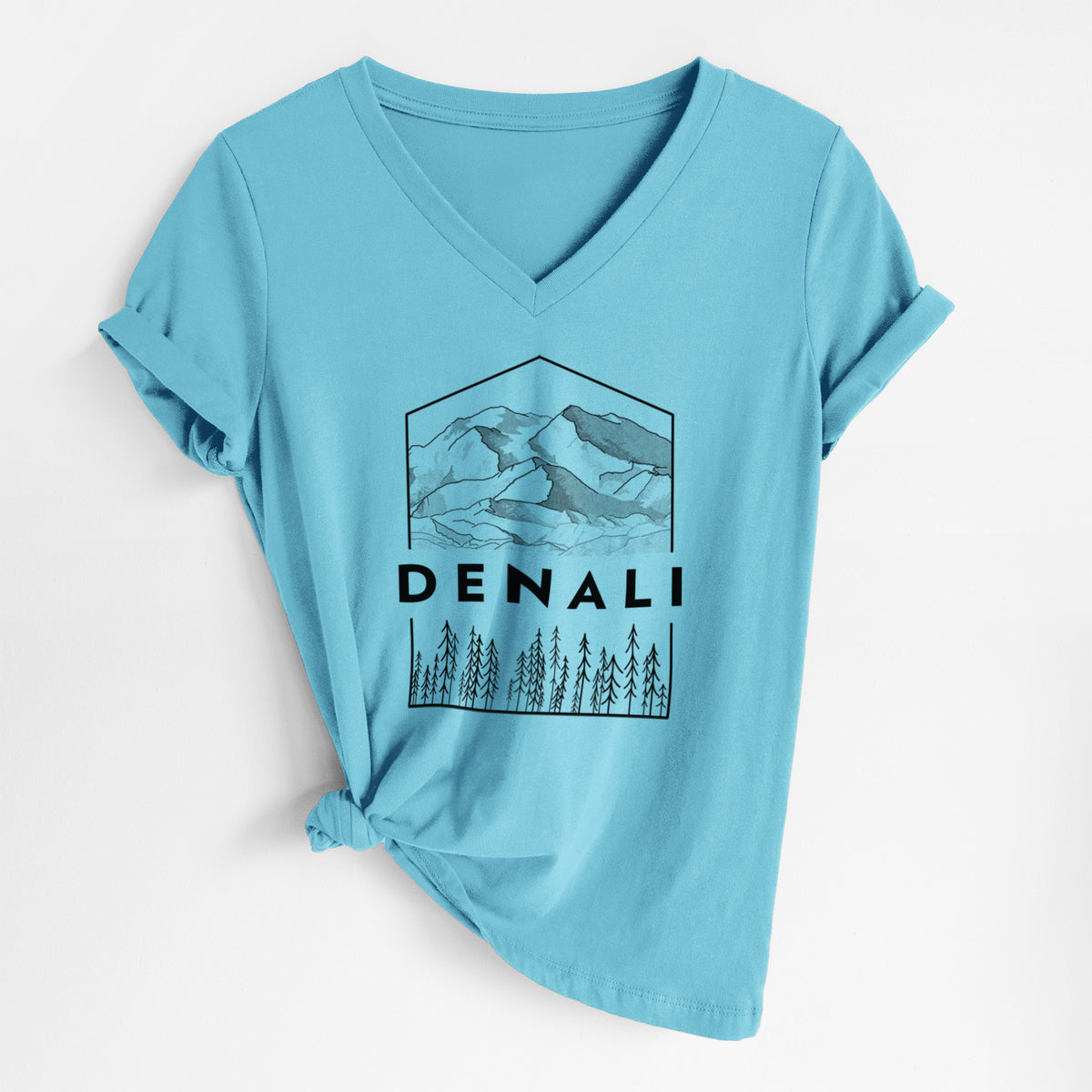 Turquoise women's relaxed fit cotton V-neck t-shirt laid flat, printed with a black line art badge of the Denali mountain range above pine trees, with the word Denali.