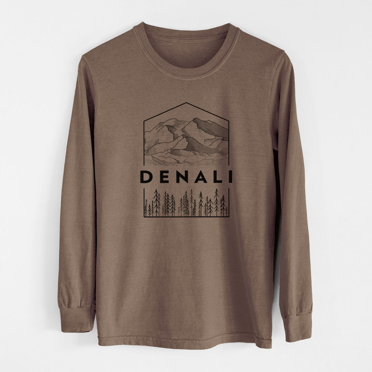 Espresso brown Comfort Colors long sleeve shirt laid flat, printed with a black line art badge of the Denali mountain range above pine trees, with the word Denali.