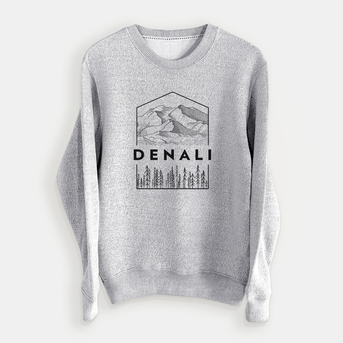 Salt and pepper knit sweatshirt laid flat, printed with a black line art badge of the Denali mountain range above pine trees, with the word Denali.