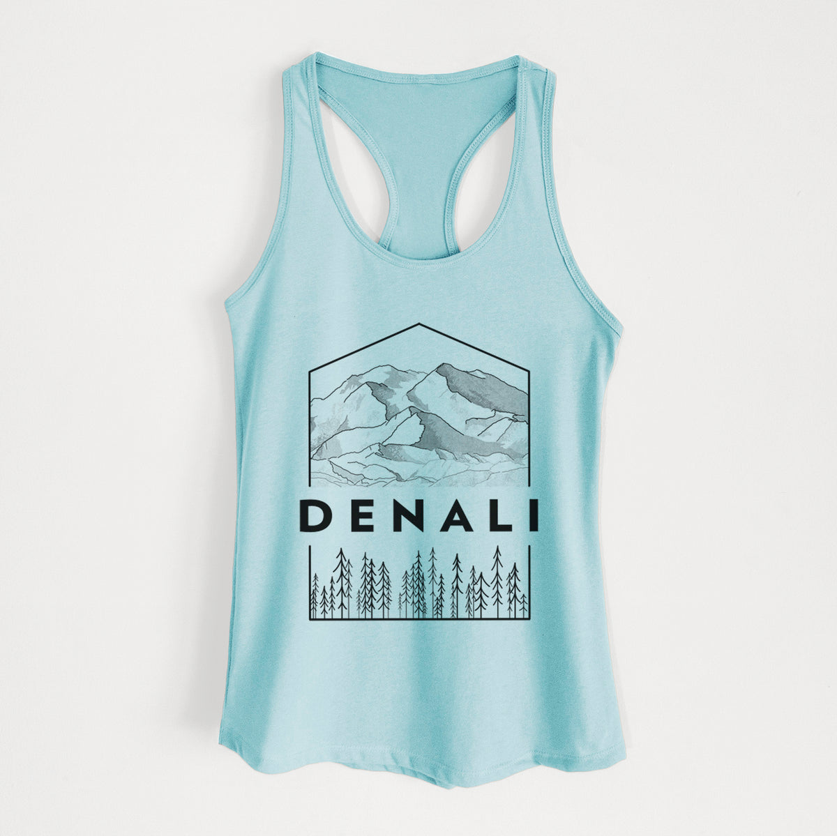 Cancun blue women's racerback tank top laid flat, printed with a black line art badge of the Denali mountain range above pine trees, with the word Denali.