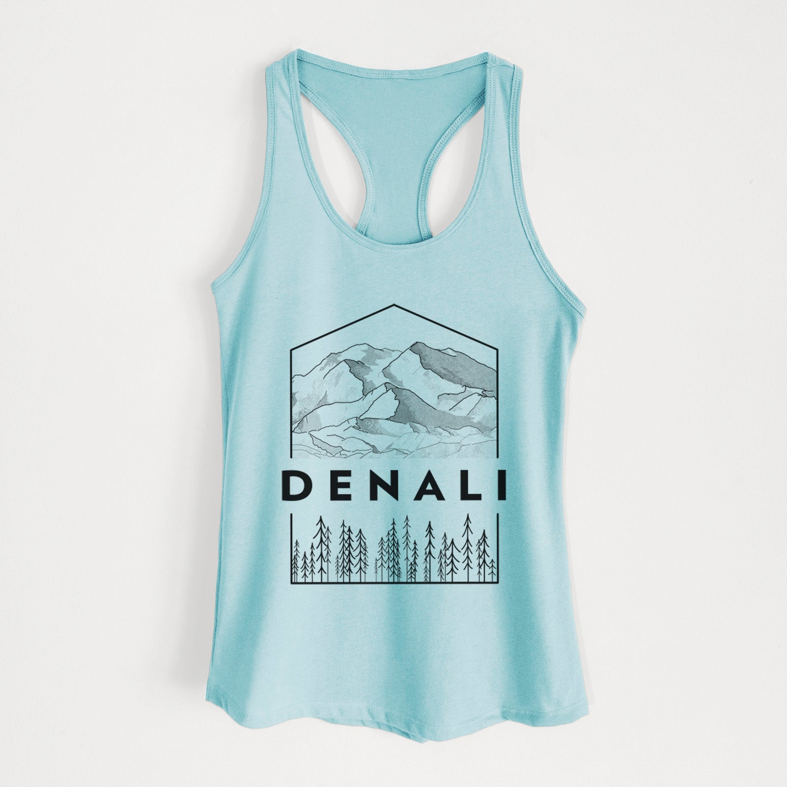Banana cream women's racerback tank top laid flat, printed with a black line art badge of the Denali mountain range above pine trees, with the word Denali.