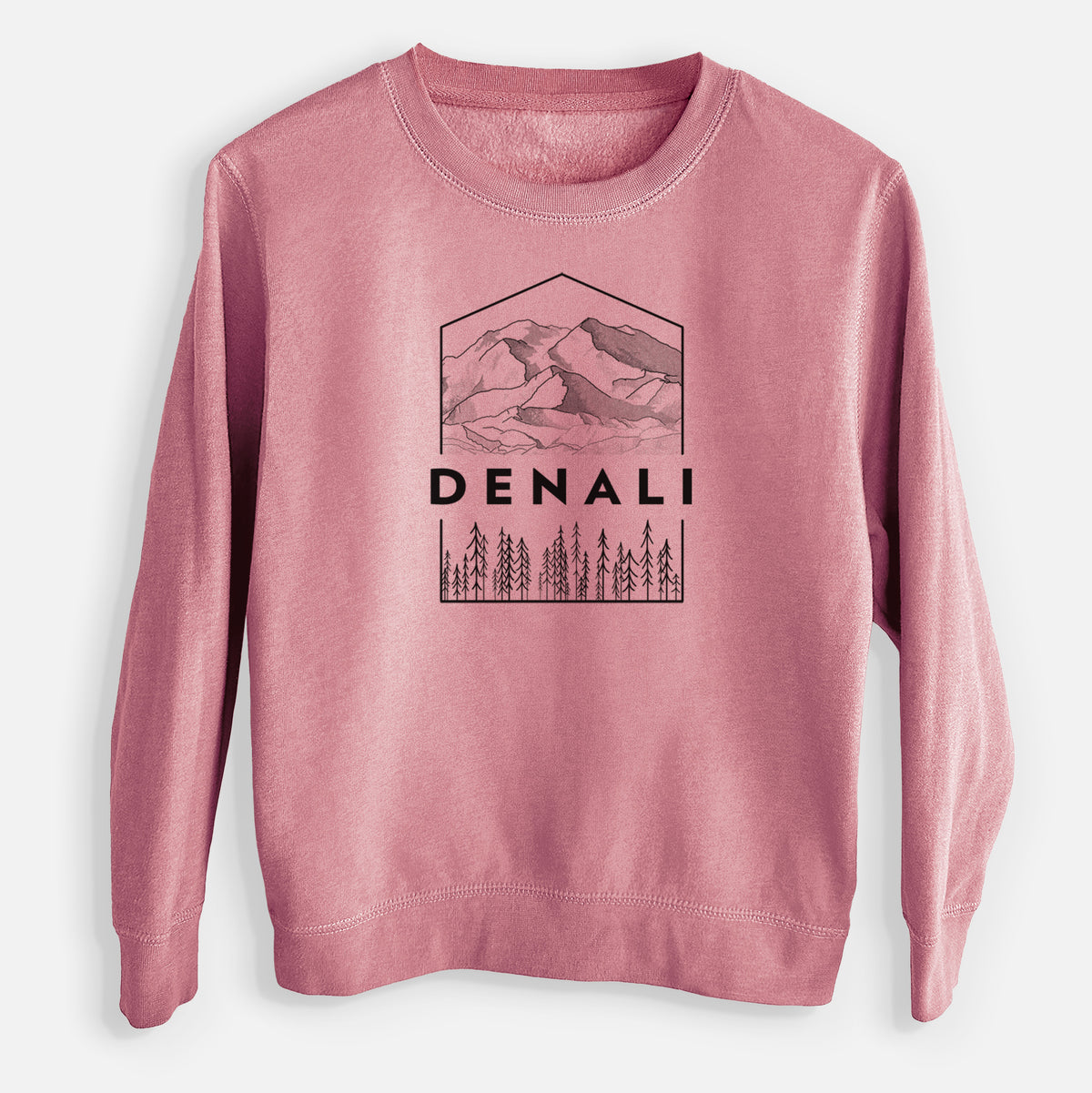 Mauve pink youth crewneck sweatshirt laid flat, printed with a black line art badge of the Denali mountain range above pine trees, with the word Denali.