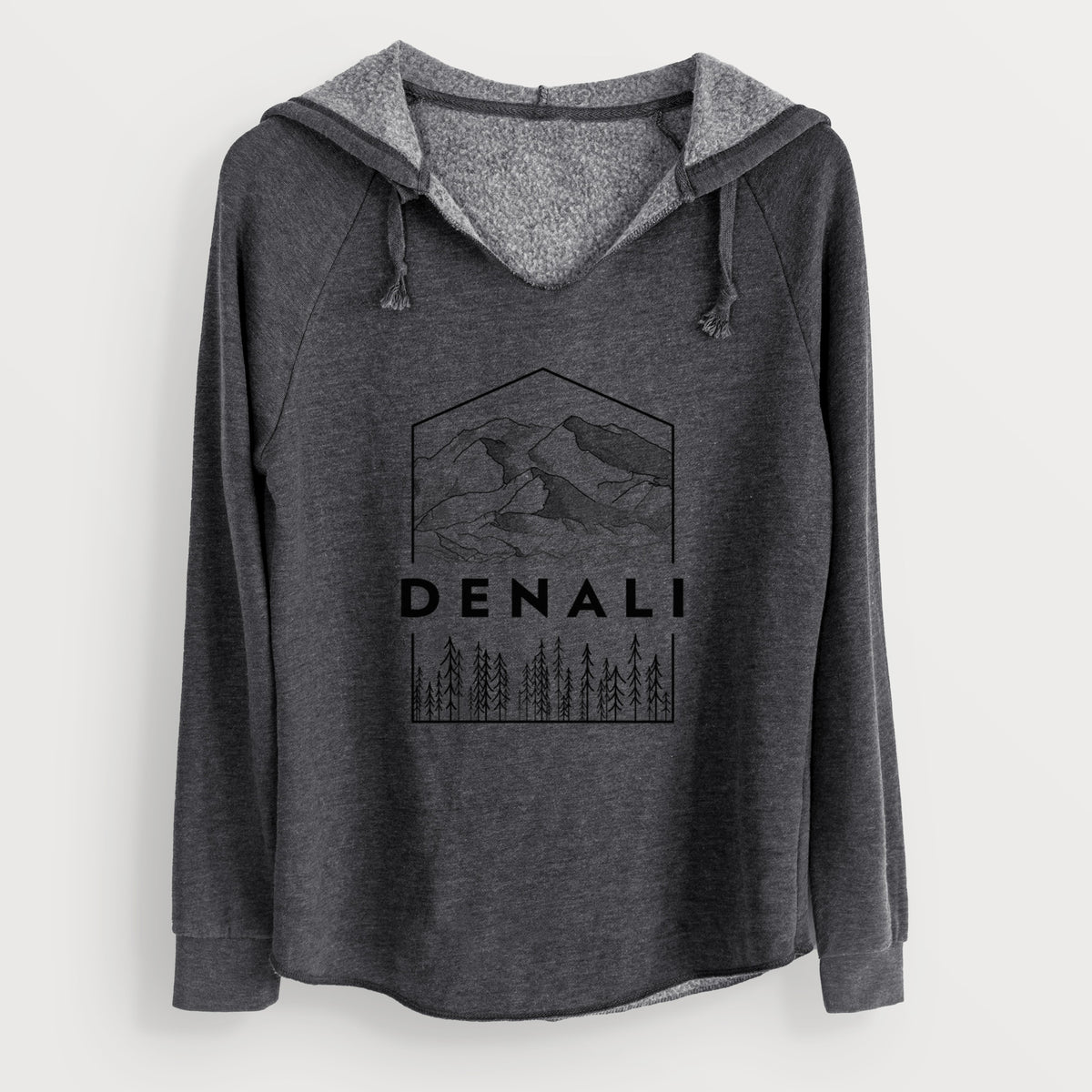Charcoal grey women's Cali Wave hooded sweatshirt laid flat, printed with a black line art badge of the Denali mountain range above pine trees, with the word Denali.