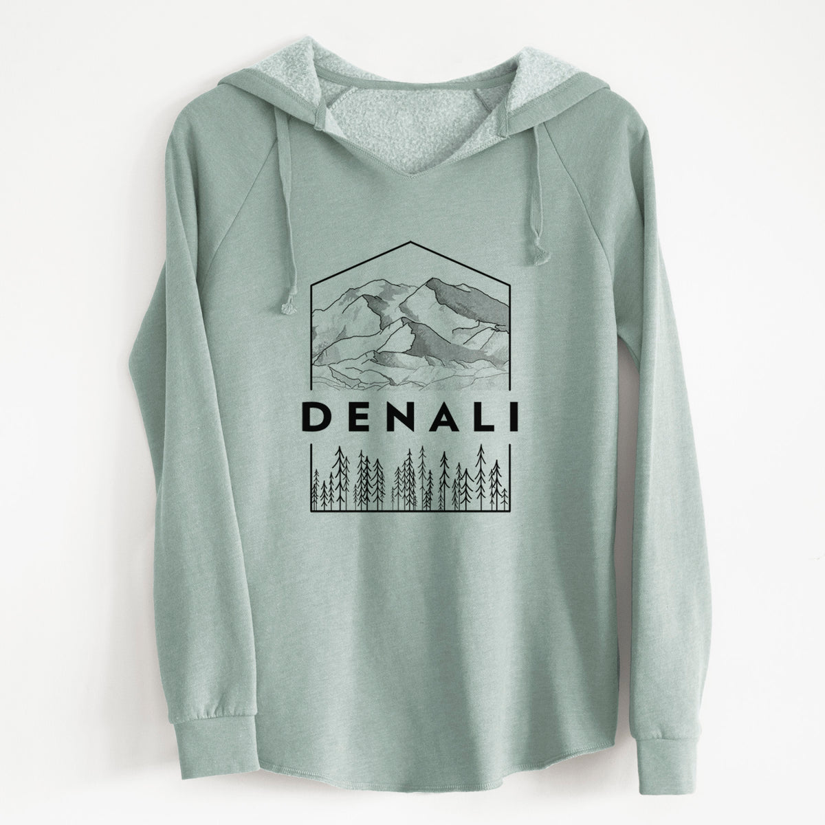 Sage green women's Cali Wave hooded sweatshirt laid flat, printed with a black line art badge of the Denali mountain range above pine trees, with the word Denali.