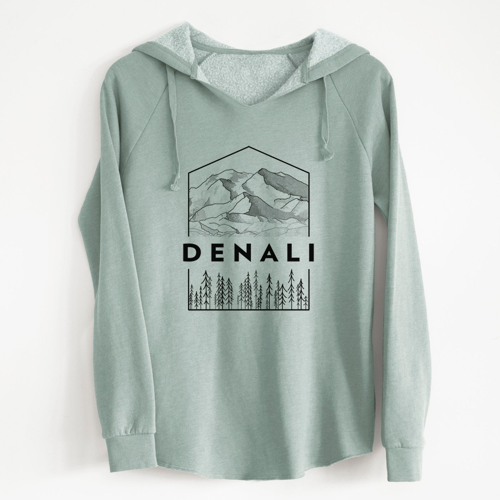 Sage green women's Cali Wave hooded sweatshirt laid flat, printed with a black line art badge of the Denali mountain range above pine trees, with the word Denali.