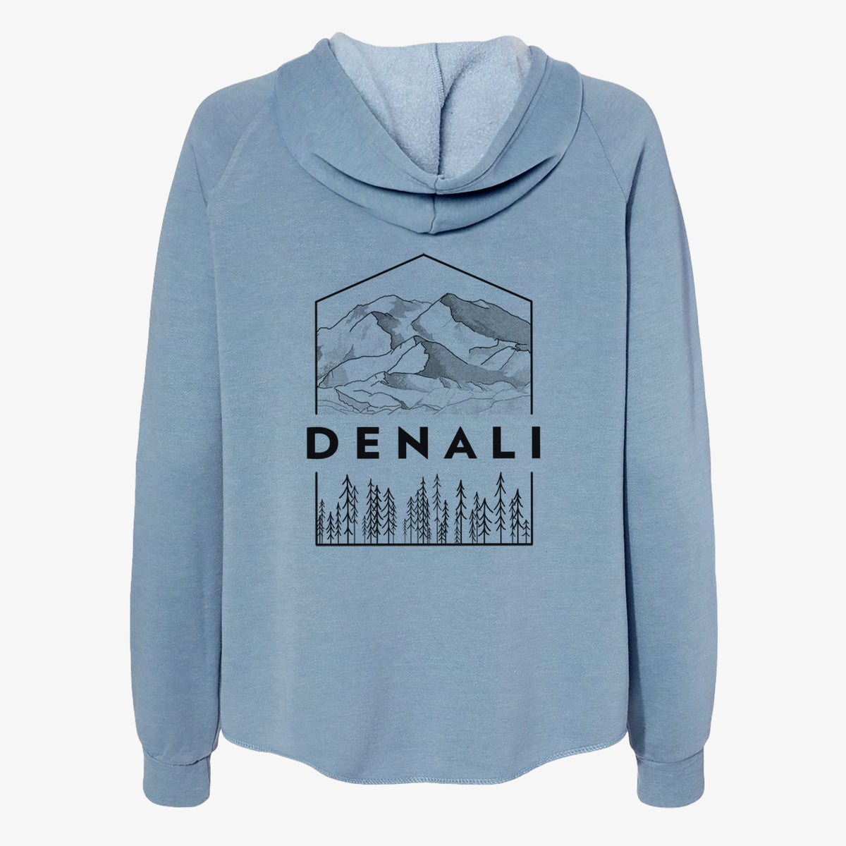 Misty blue women's Cali Wave zip-up sweatshirt laid flat, printed with a black line art badge of the Denali mountain range above pine trees, with the word Denali.