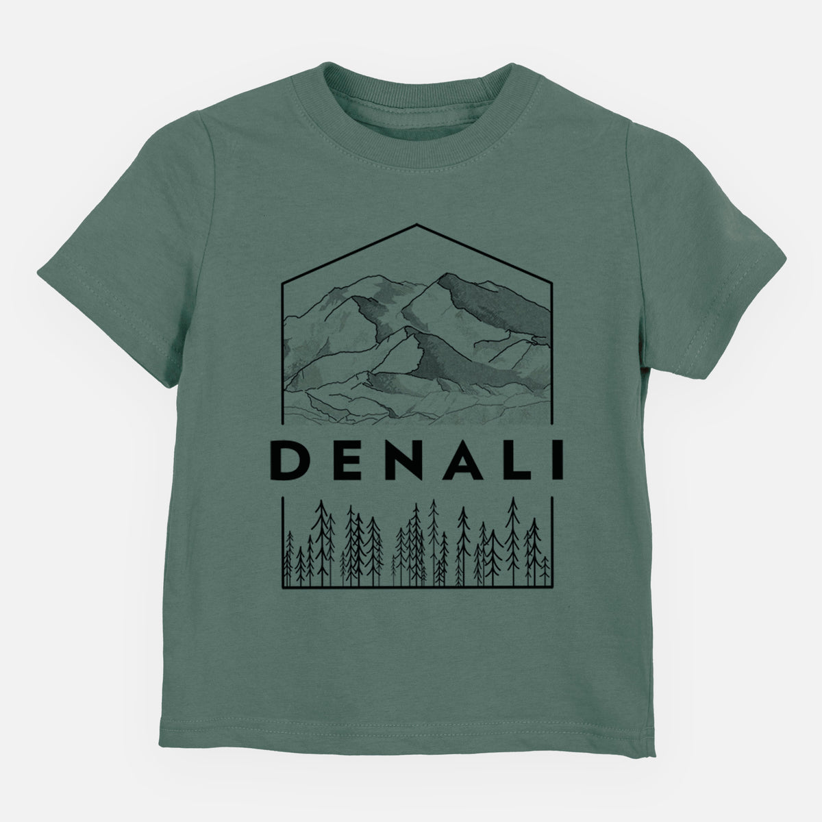 Basil green toddler t-shirt laid flat, printed with a black line art badge of the Denali mountain range above pine trees, with the word Denali.