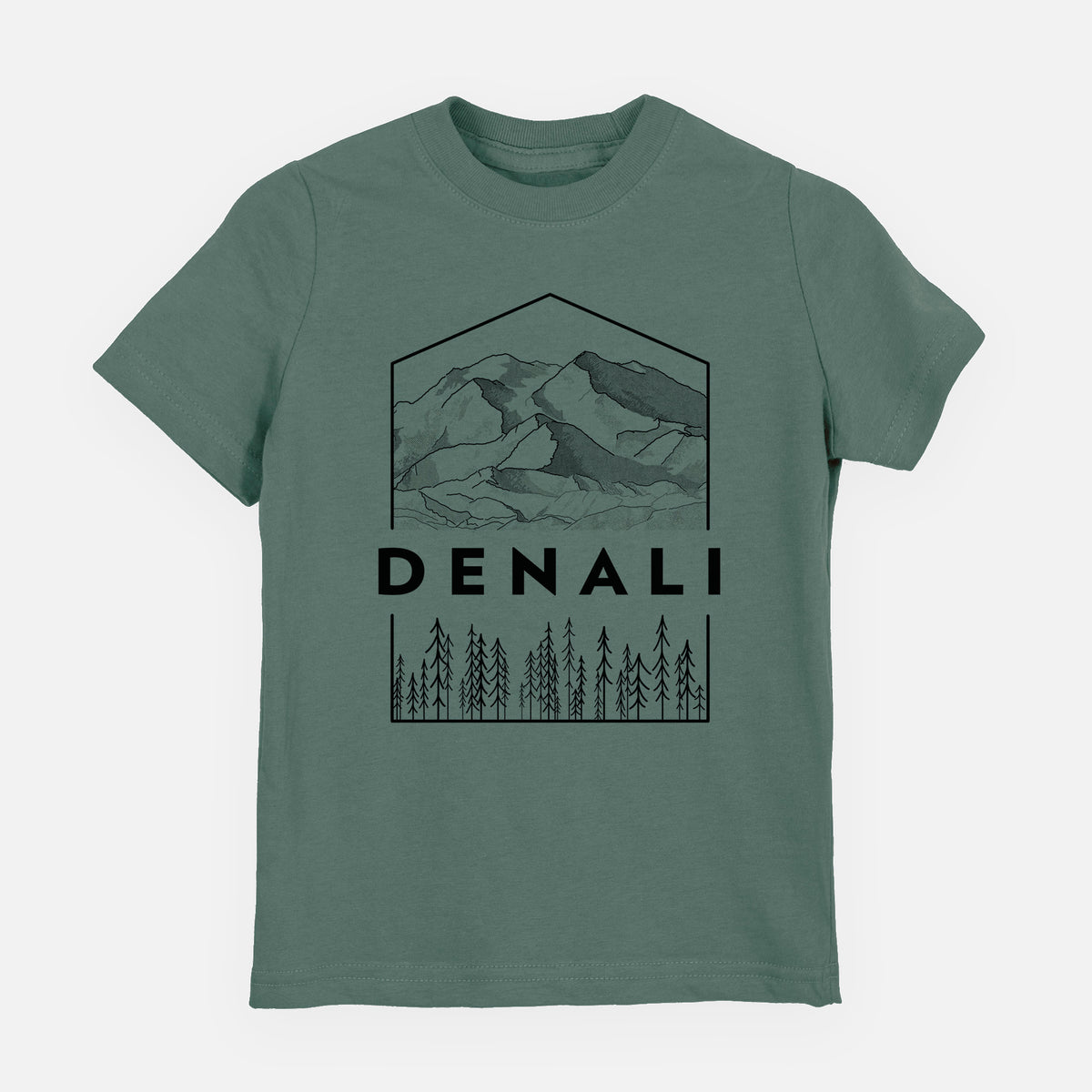 Basil green youth t-shirt laid flat, printed with a black line art badge of the Denali mountain range above pine trees, with the word Denali.