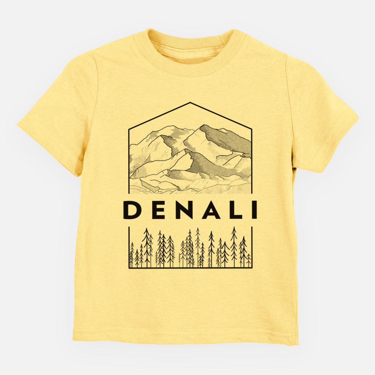 Butter yellow toddler t-shirt laid flat, printed with a black line art badge of the Denali mountain range above pine trees, with the word Denali.