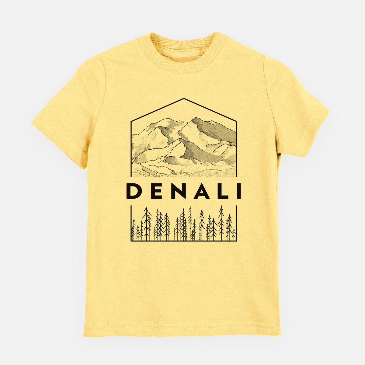 Butter yellow youth t-shirt laid flat, printed with a black line art badge of the Denali mountain range above pine trees, with the word Denali.