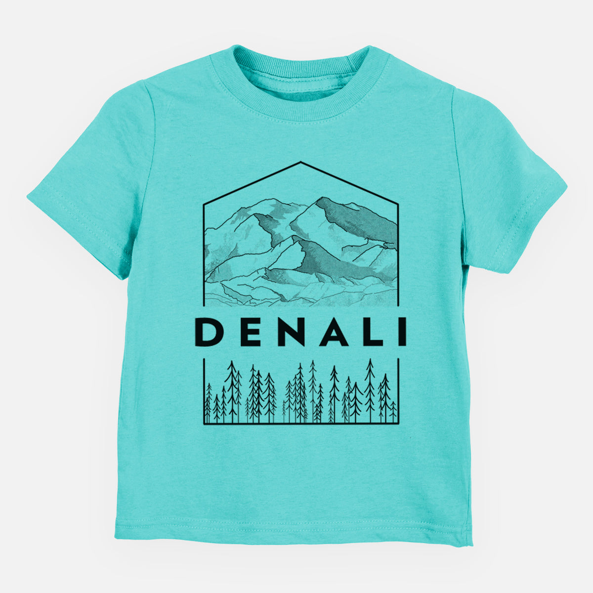 Caribbean blue toddler t-shirt laid flat, printed with a black line art badge of the Denali mountain range above pine trees, with the word Denali.