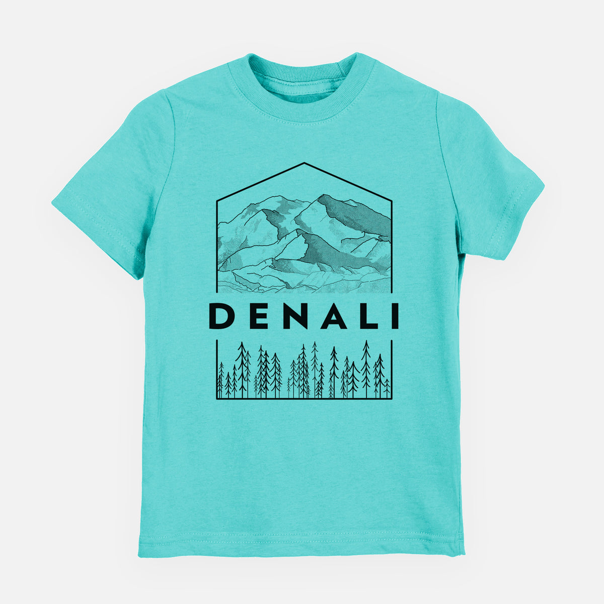 Caribbean blue youth t-shirt laid flat, printed with a black line art badge of the Denali mountain range above pine trees, with the word Denali.