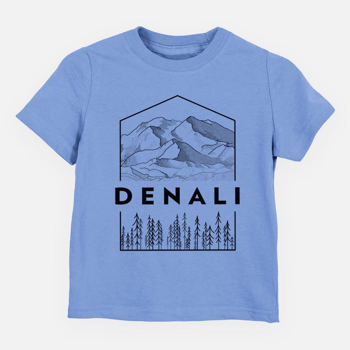 Carolina blue toddler t-shirt laid flat, printed with a black line art badge of the Denali mountain range above pine trees, with the word Denali.