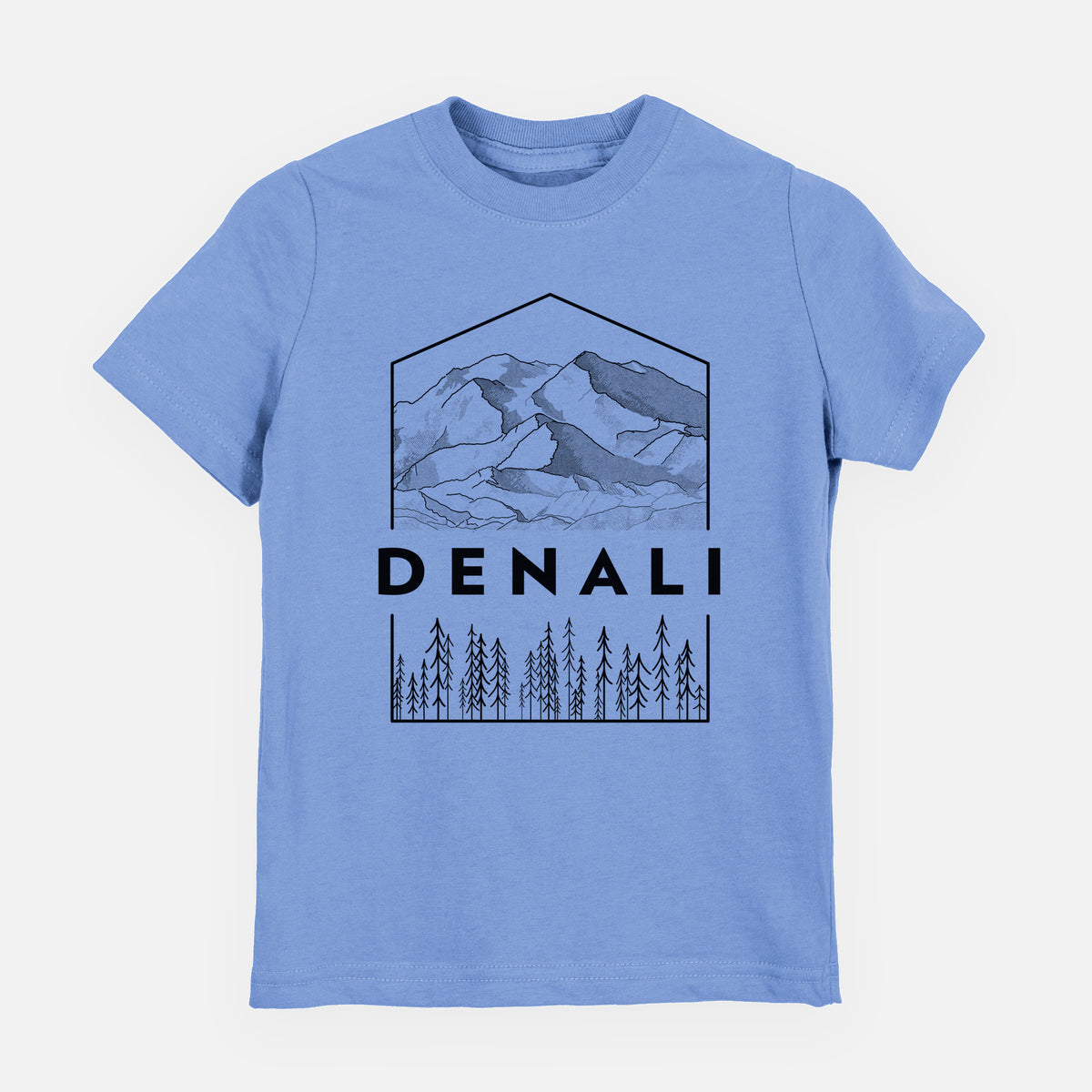 Carolina blue youth t-shirt laid flat, printed with a black line art badge of the Denali mountain range above pine trees, with the word Denali.