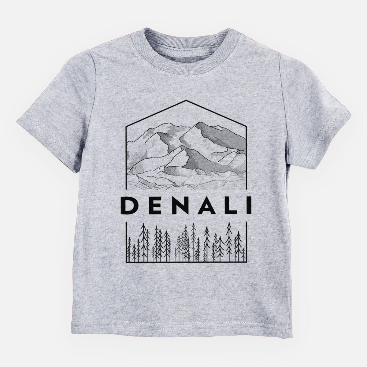 Heather grey toddler t-shirt laid flat, printed with a black line art badge of the Denali mountain range above pine trees, with the word Denali.