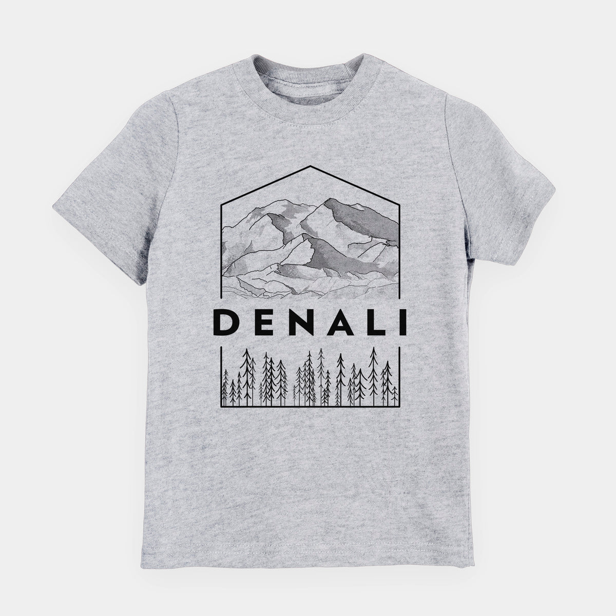Heather grey youth t-shirt laid flat, printed with a black line art badge of the Denali mountain range above pine trees, with the word Denali.