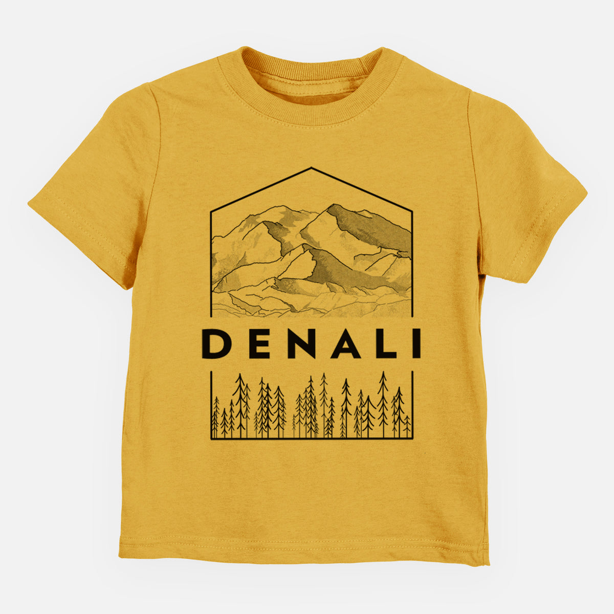 Honeycomb yellow toddler t-shirt laid flat, printed with a black line art badge of the Denali mountain range above pine trees, with the word Denali.