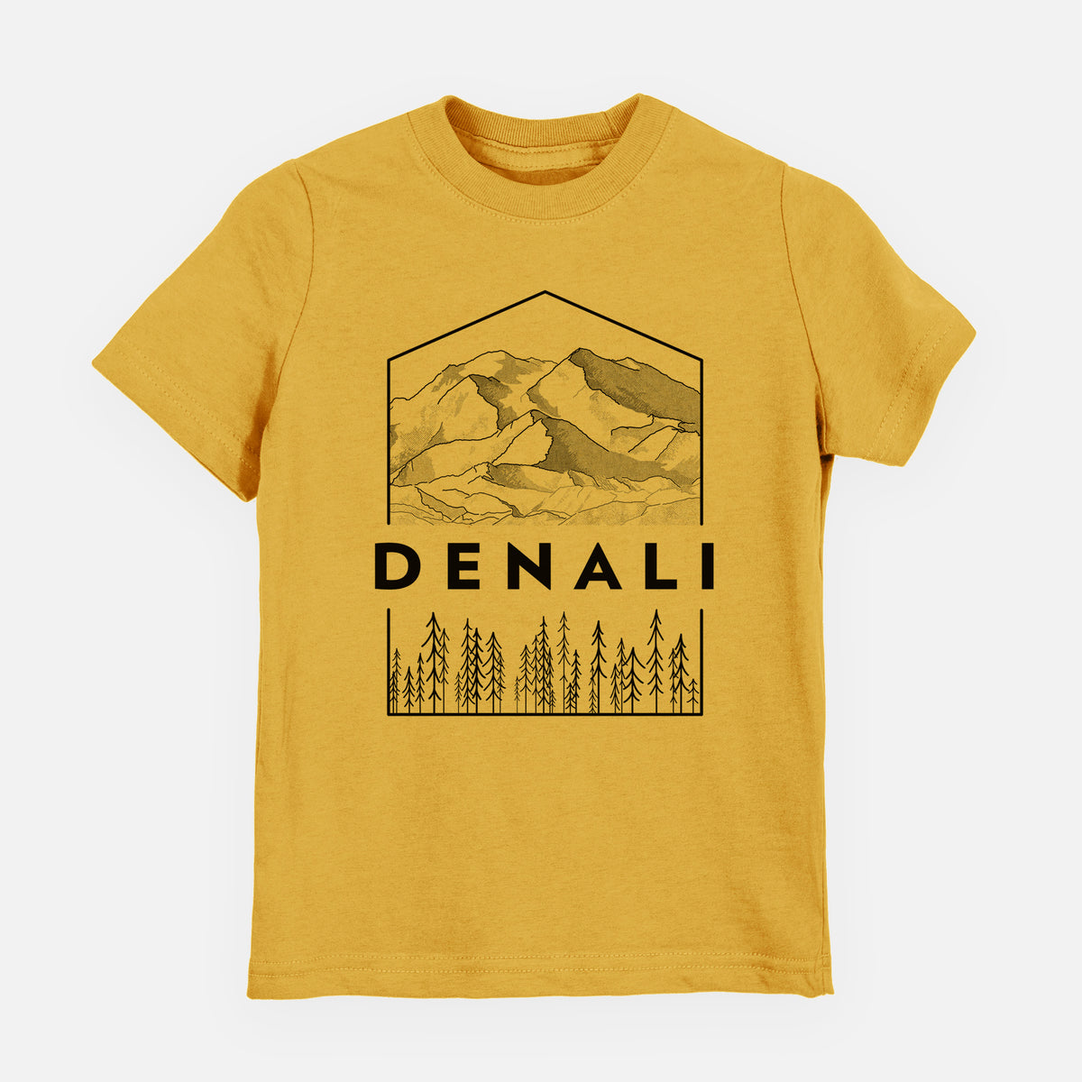 Honeycomb yellow youth t-shirt laid flat, printed with a black line art badge of the Denali mountain range above pine trees, with the word Denali.