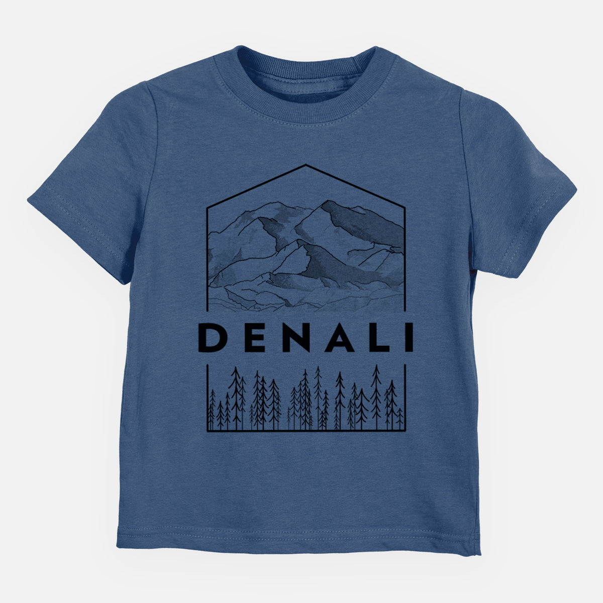 Indigo blue toddler t-shirt laid flat, printed with a black line art badge of the Denali mountain range above pine trees, with the word Denali.