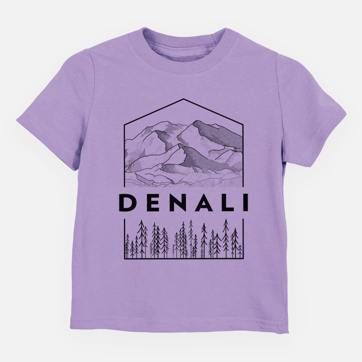 Lavender toddler t-shirt laid flat, printed with a black line art badge of the Denali mountain range above pine trees, with the word Denali.