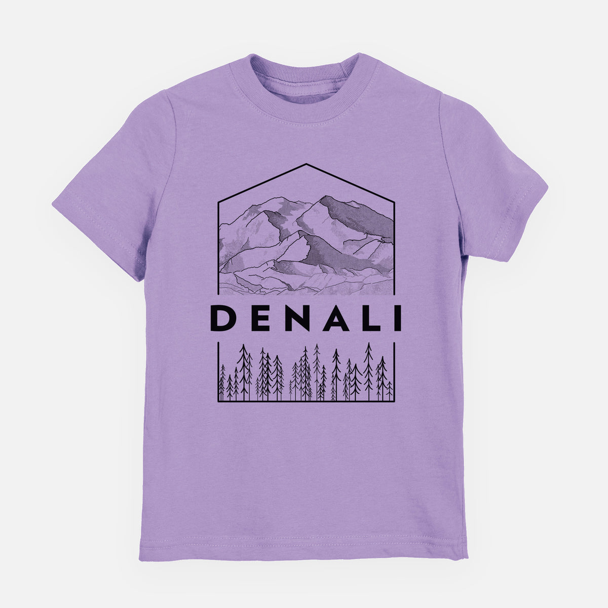 Lavender youth t-shirt laid flat, printed with a black line art badge of the Denali mountain range above pine trees, with the word Denali.