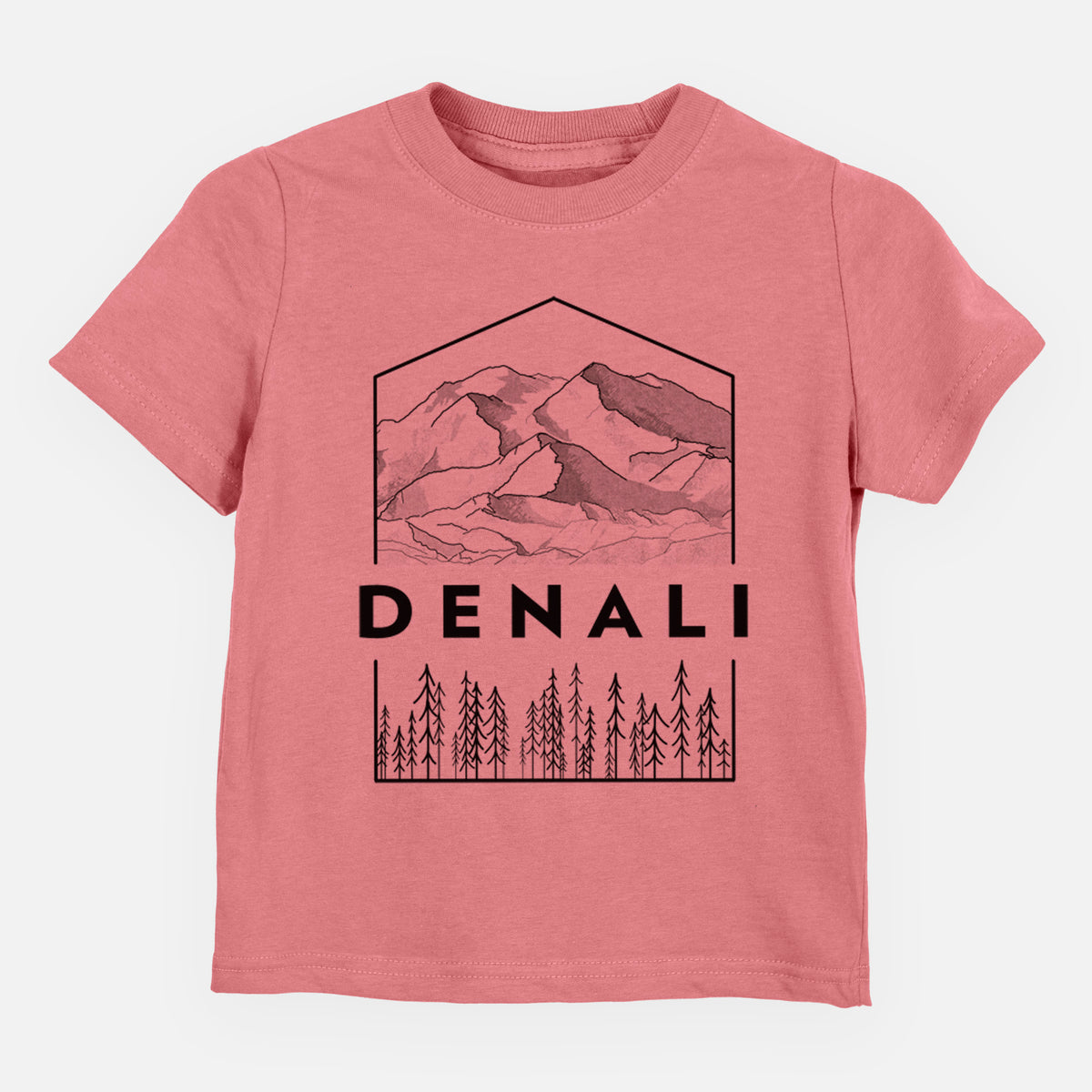 Mauve pink toddler t-shirt laid flat, printed with a black line art badge of the Denali mountain range above pine trees, with the word Denali.