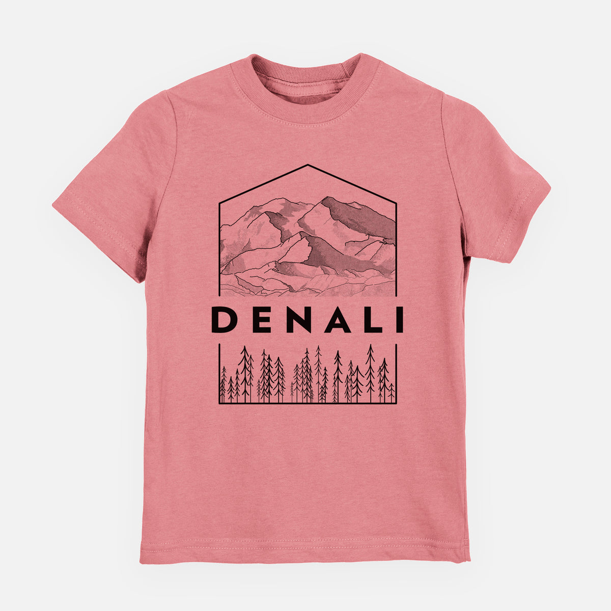 Mauve pink youth t-shirt laid flat, printed with a black line art badge of the Denali mountain range above pine trees, with the word Denali.