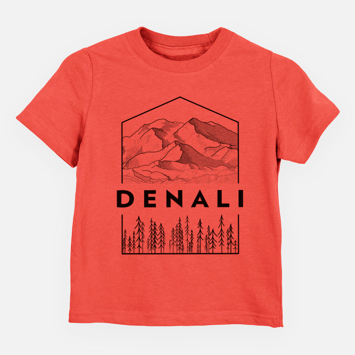 Passionfruit pink toddler t-shirt laid flat, printed with a black line art badge of the Denali mountain range above pine trees, with the word Denali.